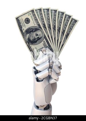 Main de robot tenant des billets de dollars rendu 3d Banque D'Images