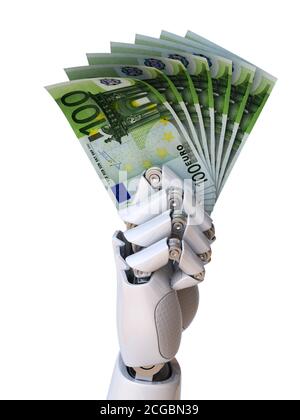 Main de robot tenant des billets en euros rendu 3d Banque D'Images