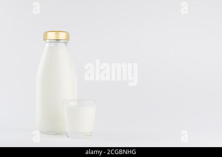 Lait, produit laitier blanc en verre maquette de bouteille avec verre sur fond blanc clair et doux, espace de copie. Banque D'Images