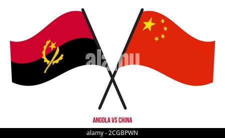 Angola et Chine les drapeaux ont croisé et agitant le style plat. Proportion officielle. Couleurs correctes. Illustration de Vecteur