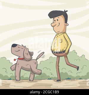 L'homme marche avec son chien. Illustration vectorielle dessinée à la main avec des calques séparés. Illustration de Vecteur