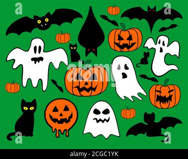 Mettez en place les icônes d'Halloween chauves-souris, citrouilles, fantômes et chats Illustration de Vecteur