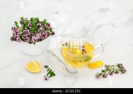 Herbe de thym pour le rhume et le virus de la grippe remède dans un mortier avec pilon et boisson chaude avec citron. Immunostimulant et très riche en antioxydants et en vitamine c. Banque D'Images