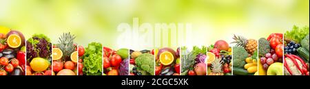 Panorama des fruits et légumes sur fond vert flou naturel. Copier l'espace Banque D'Images