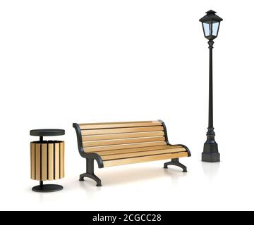 banc de stationnement, lampe de rue et poubelle en 3d Banque D'Images