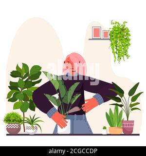 femme plantant des plantes de maison dans la marmite femme de soin de ses plantes illustration vectorielle portrait Illustration de Vecteur