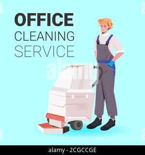 femme professionnelle de nettoyage de bureau femme concierge en uniforme avec nettoyage illustration du vecteur d'espace de copie complet de l'équipement Illustration de Vecteur