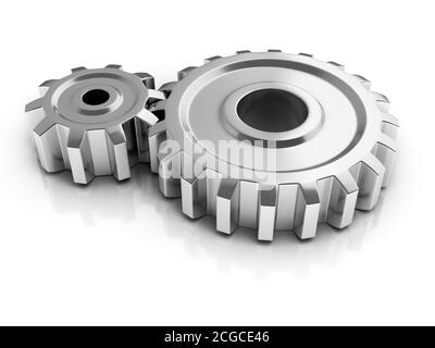 illustration 3d de deux engrenages chromés Banque D'Images