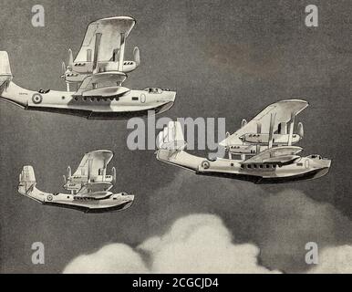 Une découpe de journal illustrant le dessin conceptuel de trois bateaux biplans de passagers de conception inhabituelle avec un triple gouvernail et deux moteurs push/pull. Peut-être conçu par Supermarine et basé sur le Walrus ou Southampton. Banque D'Images