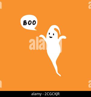 Heureux flying Ghost avec blanc bulle Boo. Visage souriant, les mains. Modèle plat. Illustration de Vecteur