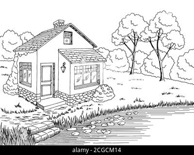 Lake House graphique noir blanc paysage dessin illustration vecteur Illustration de Vecteur