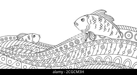 Fish Waves noir blanc graphique abstrait motif Doodle dessin illustration vecteur Illustration de Vecteur