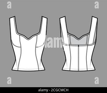 Haut à empiècements style corset, illustration technique de la mode avec encolure ornée de bijoux, coupe près du corps, fermeture à glissière dissimulée dans le dos. Modèle de vêtement plat à l'avant, à l'arrière, de couleur blanche. Femmes hommes unisexe chemise CAD maquette Illustration de Vecteur