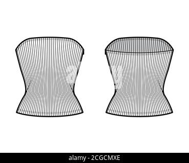 Haut tube côtelé illustration technique de la mode avec fermeture à glissière sur le côté, corps ajusté, encolure ronde, coupe près du corps. Modèle de vêtement à dessus plat à l'avant, à l'arrière, de couleur blanche. Femmes hommes unisexe tricot CAD maquette Illustration de Vecteur