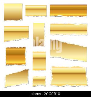 Papier déchiré doré. Le papier déchiré s'éclipse avec des ombres. Morceaux de papier doré isolés. Illustration vectorielle. Bandes de papier déchirées Illustration de Vecteur