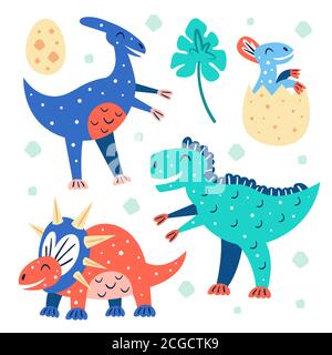 Ensemble de petits dinosaures mignons. Tricératops, T-rex, Parasaurolophus, bébé bleu dino dans oeuf . Animaux préhistoriques. Jurassic monde. Vecteur plat coloré Illustration de Vecteur