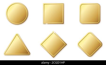 Ensemble de bannières dorées. Cadres ou badges brillants avec ombres. Illustration vectorielle. Plaques d'or vides isolées. Illustration de Vecteur