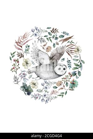 Aquarelle de hibou dessinée à la main réaliste avec cadre à motif cercle floral, illustration sur fond blanc Banque D'Images