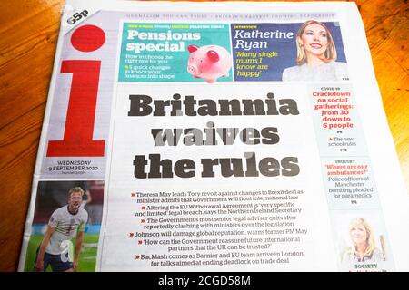 "Britannia renonce aux règles" le titre du journal du Brexit i sur le devant de la page Page 9 septembre 2020 à Londres Angleterre Royaume-Uni Europe Banque D'Images