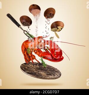 Homard américain frais aux épices tombantes, volant au-dessus du bois, isolé sur fond marron. Préparation des aliments, repas frais prêt pour la cuisson. E Banque D'Images