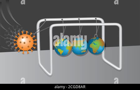 Berceau de Newton avec des menaces de virus corona au monde. Différentes faces de la terre dans les illustrations du globe. Illustration vectorielle. EPS10. Illustration de Vecteur