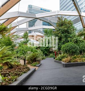 Le jardin sur le toit au-dessus d'un nouveau bâtiment gigantesque appelé Crossrail place qui couvre la nouvelle gare de Canary Wharf Crossrail ci-dessous. Banque D'Images