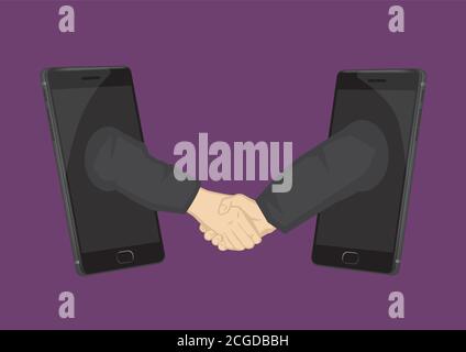 Deux bras tirés des téléphones mobiles pour une poignée de main professionnelle. Illustration de dessin animé créatif sur l'utilisation de la technologie pour le concept d'entreprise isolé sur le plai Illustration de Vecteur