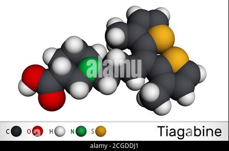 Tiagabine, molécule C20H25NO2S2. Il est anticonvulsant médicament, est utilisé dans le traitement de l'épilepsie. Modèle moléculaire. Rendu 3D Banque D'Images