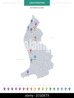 Carte du Liechtenstein avec repères de localisation. Modèle vectoriel d'infographie, isolé sur fond blanc. Illustration de Vecteur