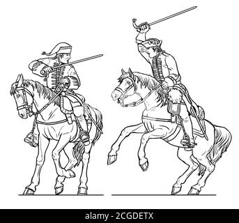 Duel des cavalrymen. Dragons français contre le dragons anglais. Dessin historique de la guerre de sept ans. Banque D'Images