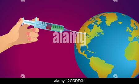Vaccination. Main avec une grosse seringue et planète Terre. Illustration vectorielle. EPS10. Illustration de Vecteur
