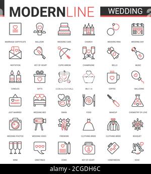 Mariage fin rouge ligne noire icône vecteur jeu d'illustrations. Symboles de contour pour la cérémonie de mariage et l'organisation de la fête de la mariée, collection linéaire de vêtements de mariée, bagues de bijoux, gâteau ballons fleurs Illustration de Vecteur