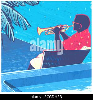 Trompette jouant du jazz par une illustration de piscine. Banque D'Images