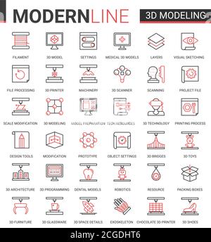 jeu d'illustrations vectorielles d'icône de toile plate de la technologie des sciences de l'impression 3d. Design créatif à ligne mince rouge noir avec modélisation 3d machines d'équipement d'impression cyber-tech modernes, innovations scientifiques futures Illustration de Vecteur