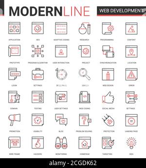 Jeu d'illustrations vectorielles de l'icône de ligne noire rouge fine de développement Web. Outline site web application mobile développement de symboles collection d'optimisation pour le contenu de page Web, application de conception d'interface utilisateur Illustration de Vecteur