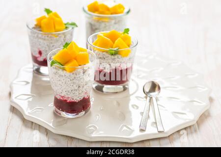 Pudding de graines de chia sain avec yaourt, mousse de framboise et mangue fraîche Banque D'Images