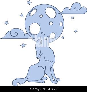 Hand drawn photo d'un mignon petit loup assis et hurlant à la lune, cartoon vector illustration Illustration de Vecteur