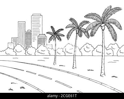 Street Road Palm Tree graphique noir blanc paysage dessin illustration vecteur Illustration de Vecteur