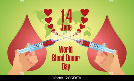 Journée mondiale du don de sang. Affiche, bannière avec seringues, gouttes de sang et coeurs se déroulant. Illustration vectorielle. Illustration de Vecteur