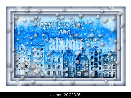 Bonne année et motif joyeux noël. Aquarelle de vieilles maisons européennes dessinées à la main et flocons de neige sur fond carré bleu avec lettrage. Papier cu Banque D'Images