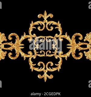 Style baroque, segments décoratifs dorés, motif sans couture. Cadre de bordure doré dessiné à la main avec rouleaux, feuilles et éléments sur fond noir. Vintage Banque D'Images