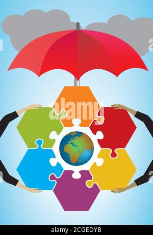 Terre avec des pièces de puzzle surrondings tenu par les mains, parapluie essaie également de sauver le monde des nuages sombres illustration vectorielle. Illustration de Vecteur