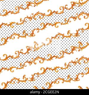 Motif sans coutures éléments dorés baroques. Aquarelle texture dorée dessinée à la main sur fond de pois noir et blanc. Imprimé aquarelle vintage Banque D'Images