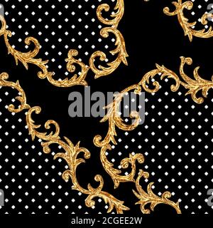 Motif sans coutures éléments dorés baroques. Aquarelle texture dorée dessinée à la main sur fond de pois noir et blanc. Imprimé aquarelle vintage Banque D'Images