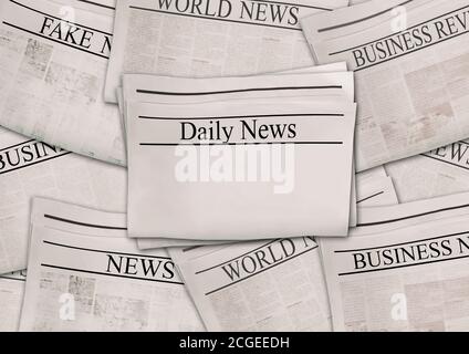 Journaux avec titres sur une surface horizontale. Historique de vieux journaux. Texture des pages d'actualités anciennes. Collage de papier noir blanc gris. Vue de dessus. Banque D'Images
