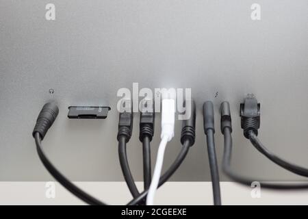 Périphériques branchés à l'arrière de l'ordinateur. Tous les ports utilisés. USB-A, USB-C, Ethernet RJ45 LAN, emplacement pour carte SD, prise casque. Productivité, stockage Banque D'Images