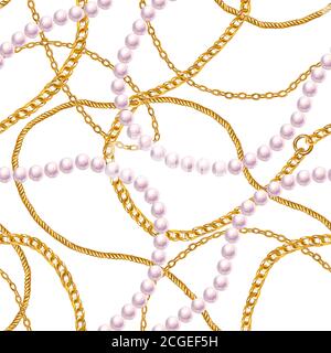 Illustration d'un motif sans couture Golden Chain. Aquarelle texture mode dessinée à la main avec chaînes dorées, collier de perles sur fond blanc. Aquarelle Banque D'Images