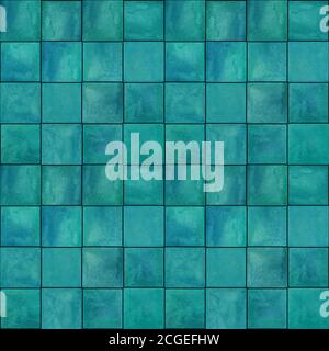 Motif géométrique abstrait sans couture. Bleu sarcelle foncé turquoise aquarelle dessinée à la main avec des formes carrées simples. Mosaïque d'aquarelle tex Banque D'Images