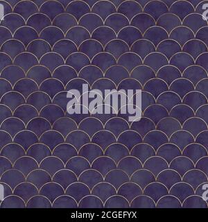 Mermaid pèse-poisson vague japonais luxueux coloré sans couture motif. Aquarelle fond violet foncé dessiné à la main avec une ligne dorée. Aquarelle scal Banque D'Images