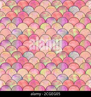 Mermaid échelle de poisson vague japonaise magie modèle sans couture. Aquarelle dessin à la main fond coloré lumineux avec contour noir. Forme des échelles d'aquarelle Banque D'Images